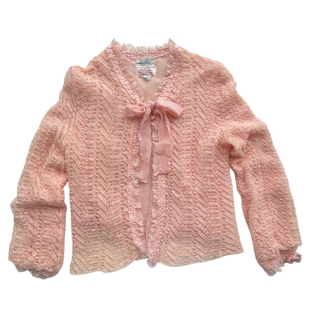 VTG Romantic Pink Lace Open‎ Cardigan I. Magnin Wool Silk Chiffon Balletcore